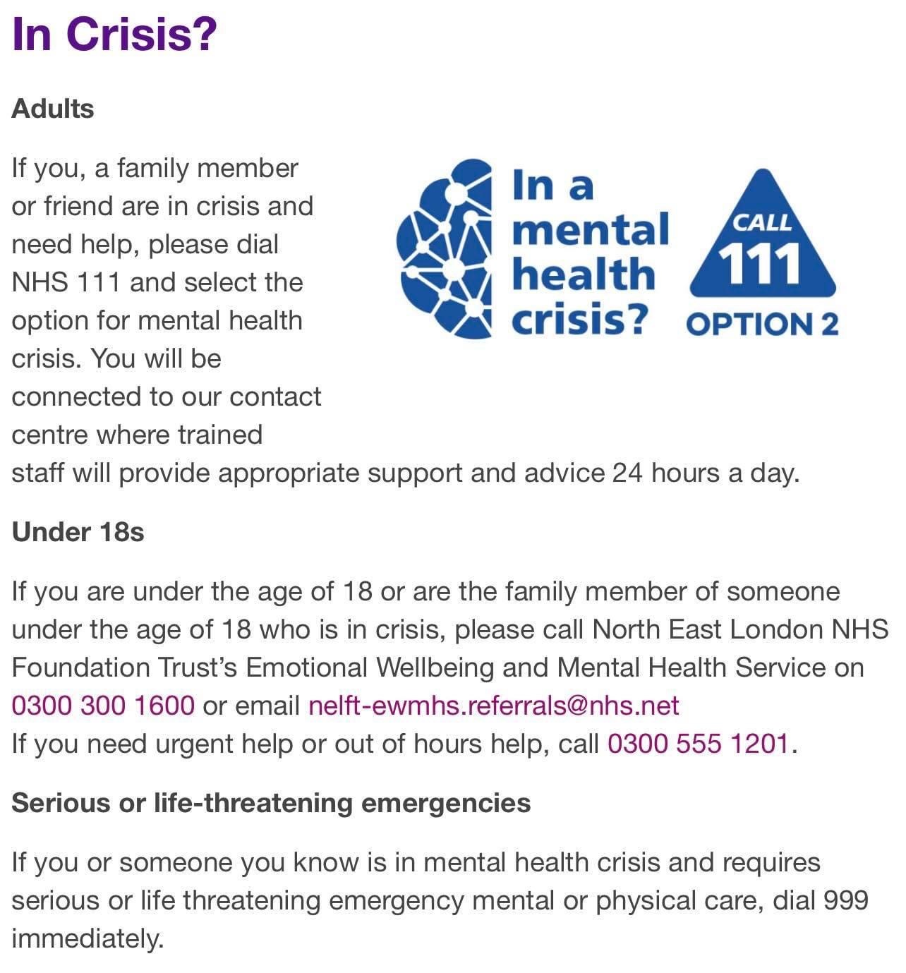 Information showing instructions for dialing 111 and selecting option for MH if you or a friend are in crisis